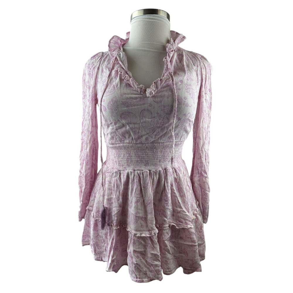 *Flawed* House of Harlow Paisley Ruffle Long Sleeve Tassel Mini Boho Dress Small - Picture 3 of 16
